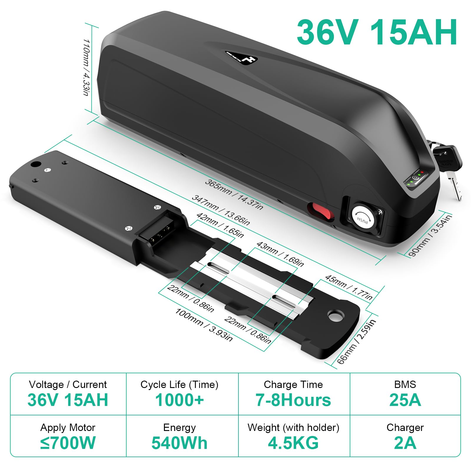 Batteria agli ioni di litio da 36 V, 15 Ah, per biciclette elettriche da 100-700 W, con caricatore da 2 A, porta di ricarica USB BMS da 25 A e blocco della batteria