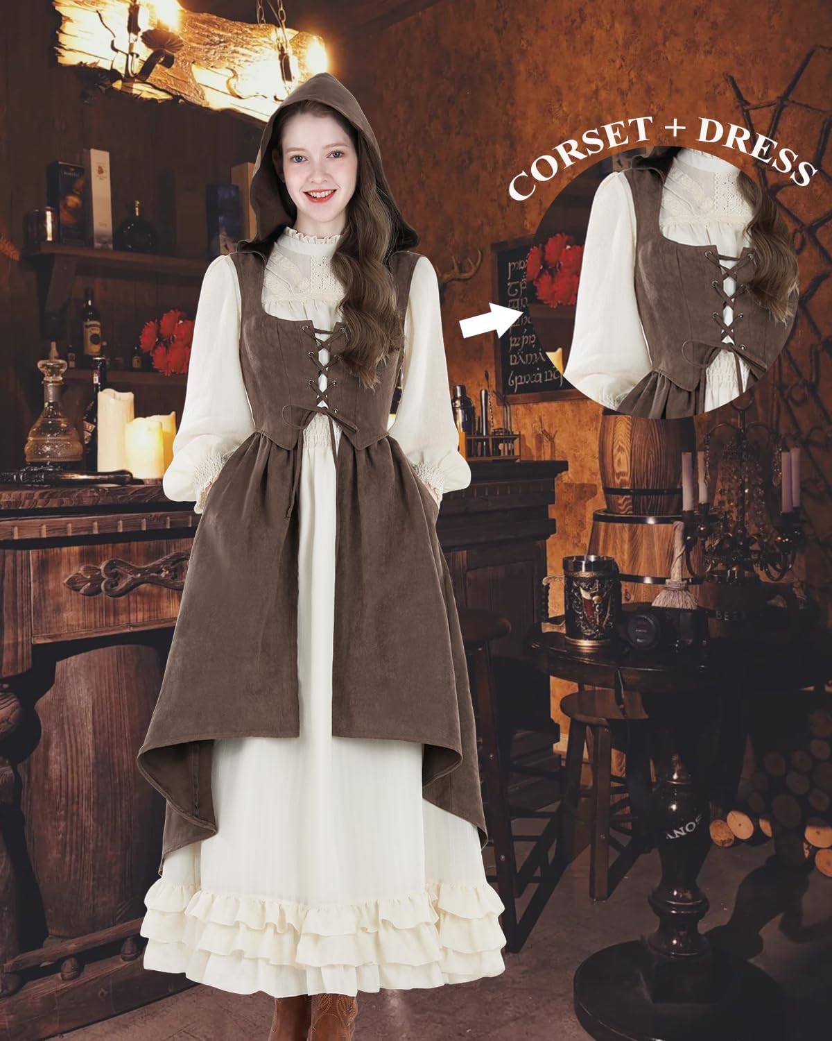 CR ROLECOS Renaissance Corset Women Medieval Costume Vintage Ren Faire Hooded Low-Cut Bustier Corsets - Image 4