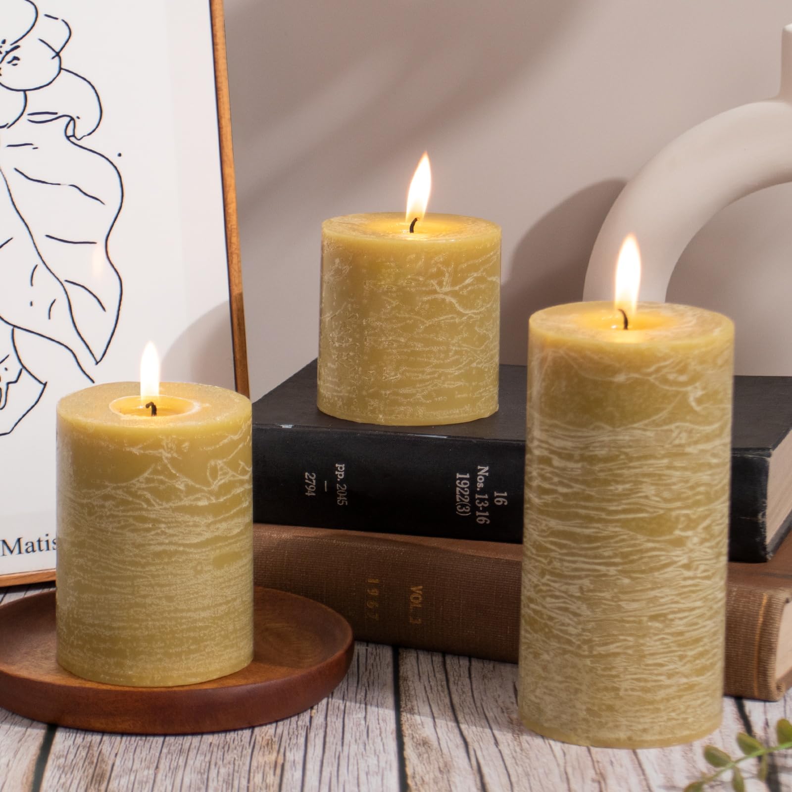 KONNI Juego de 3 velas de pilar de cera amarilla, velas de pilar sin perfume de 3 x 3 pulgadas, velas de combustión de 30 horas de duración, vela redonda grande sin humo y sin goteo para bodas,
