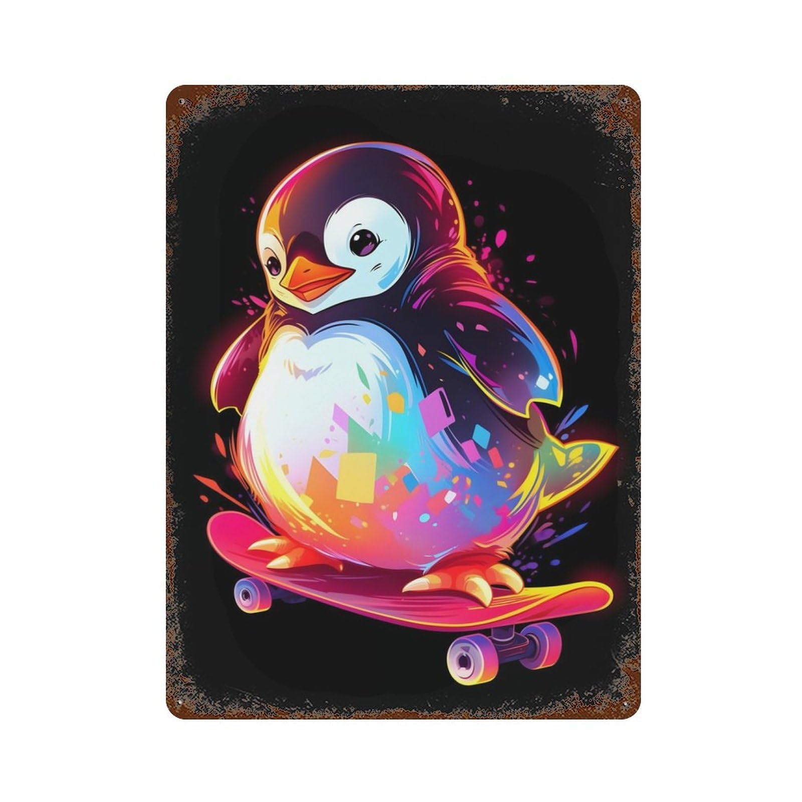 Colorful Penguin Skater Rustic Tin Plaque 15.7"x11.8", for Shed, Workshop And Garage Wall Decor, Shabby Chic Decor