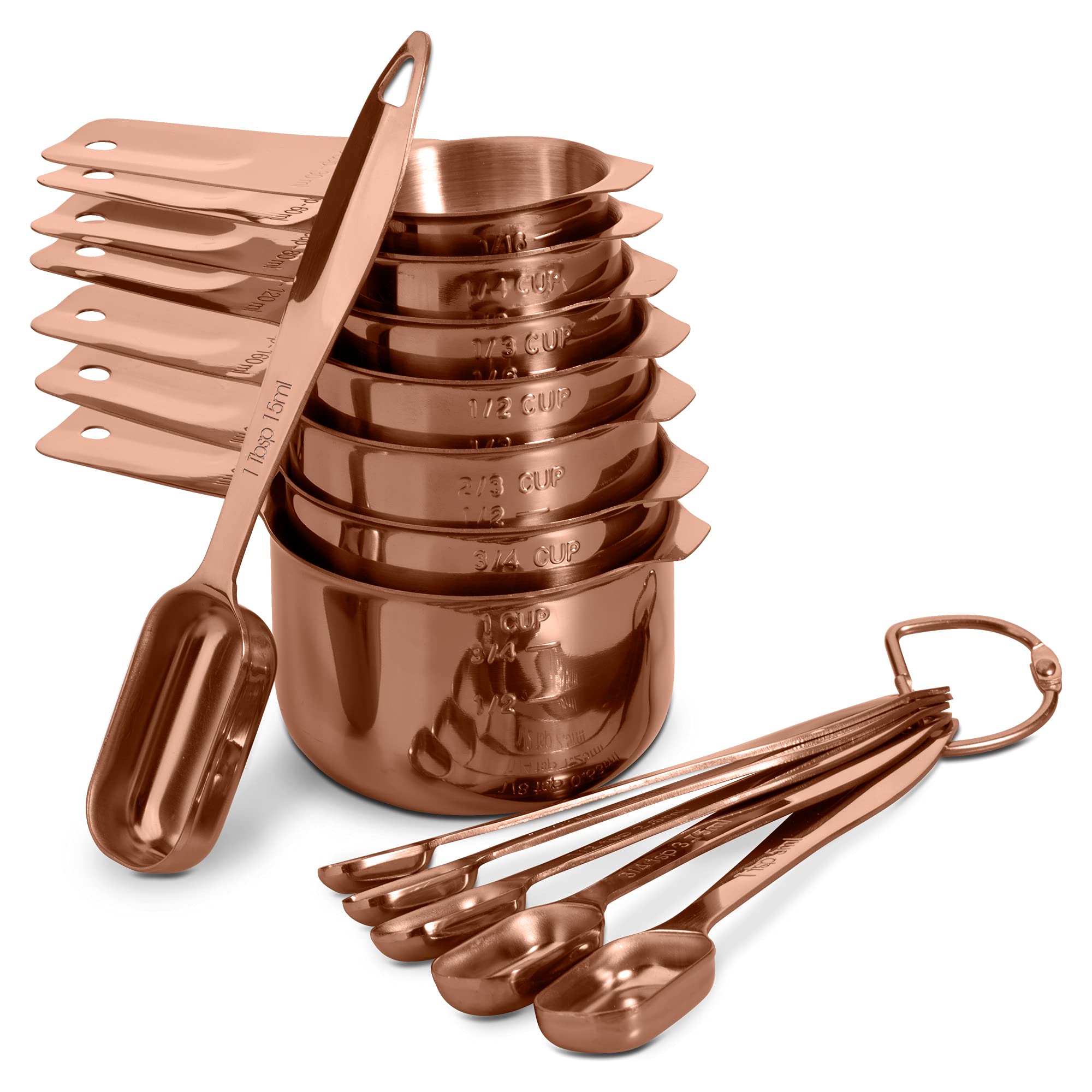 Lot de 13 tasses et cuillères à mesurer en acier inoxydable 18/8 avec poignée ergonomique robuste avec anneau de connexion Or rose
