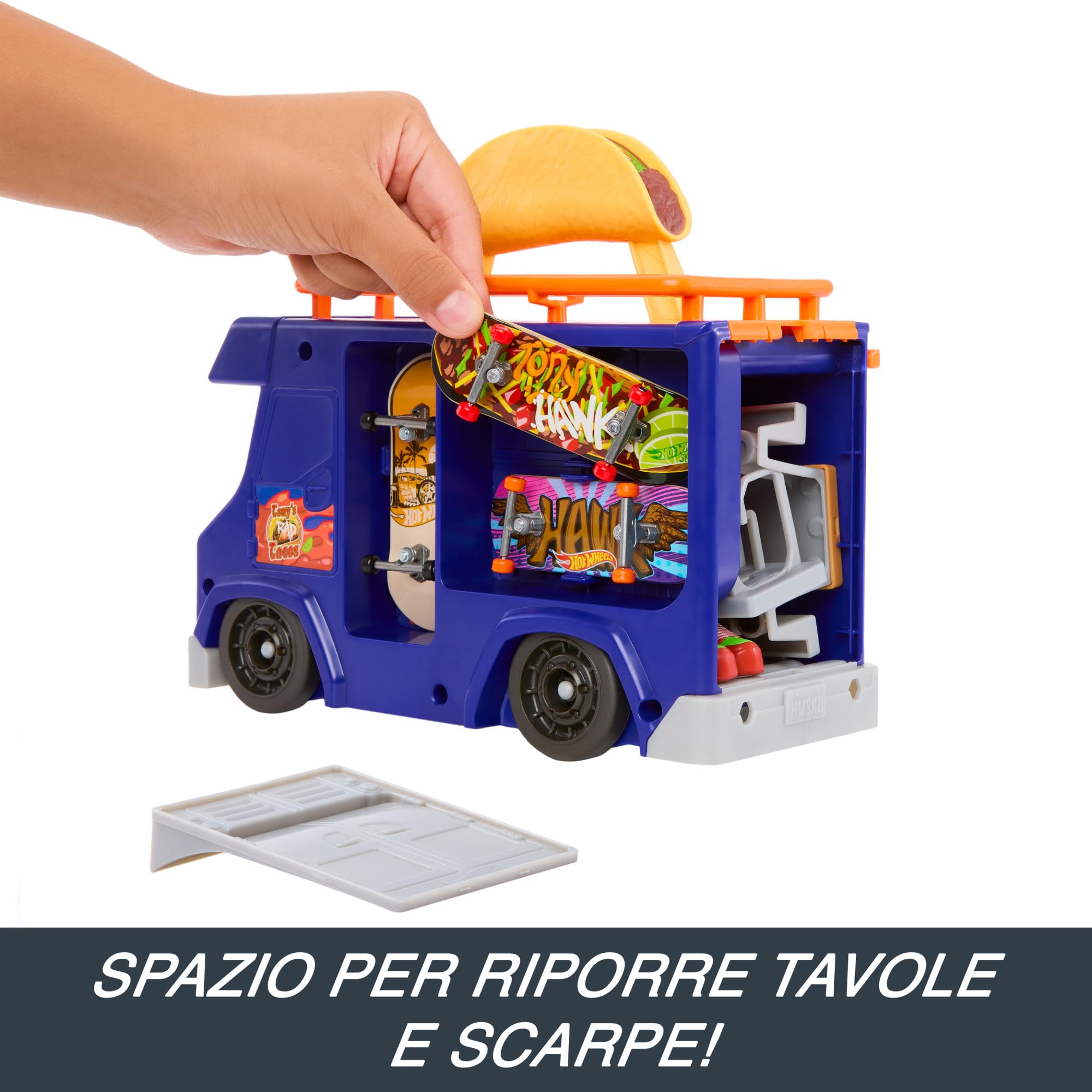 Hot Wheels Skate - Skatepark portatile, Valigetta Taco Truck con 1 Mini Skate esclusivo e 1 paio di scarpine rimovibili inclusi, playset portatile e spazioso, giocattolo per bambini, 5+ anni, HMK00
