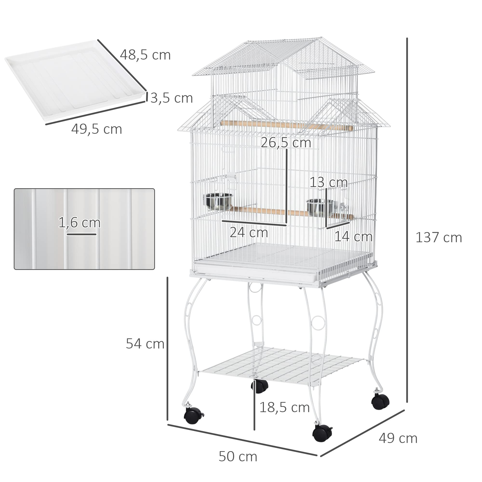PawHut Jaula para Pájaros con Ruedas Jaula Grande con Soporte Pajarera con Bandeja Extraíble Puertas Comederos Perchas y Estante Inferior para Cacatúa NINFA Cotorra del Sol 50x49x137 cm Blanco