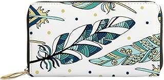 Carteiras femininas de couro legítimo cor brilhante decoração de penas porta-cartão de crédito estojo com zíper organizador de embreagem de couro feminino bolsa longa de viagem, Decoração de penas de cor brilhante, 7x4.3x0.8 Inches
