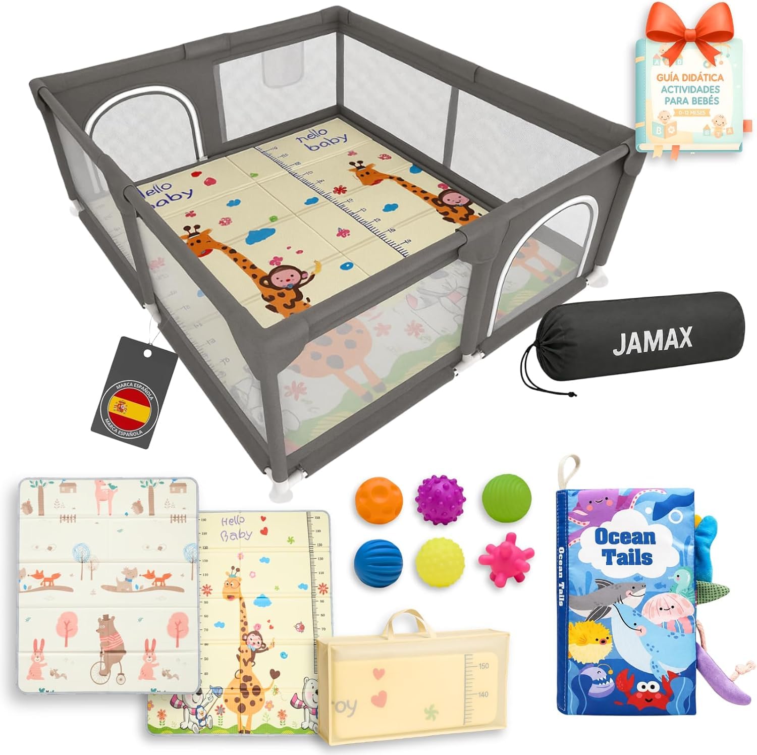 JAMAX Children's Playpen | Baby Playpen | Reversible Padded Mat 1.5 cm Thick + 6 Sensory Balls + Sensory Book + Carry Bag (150 x 180)