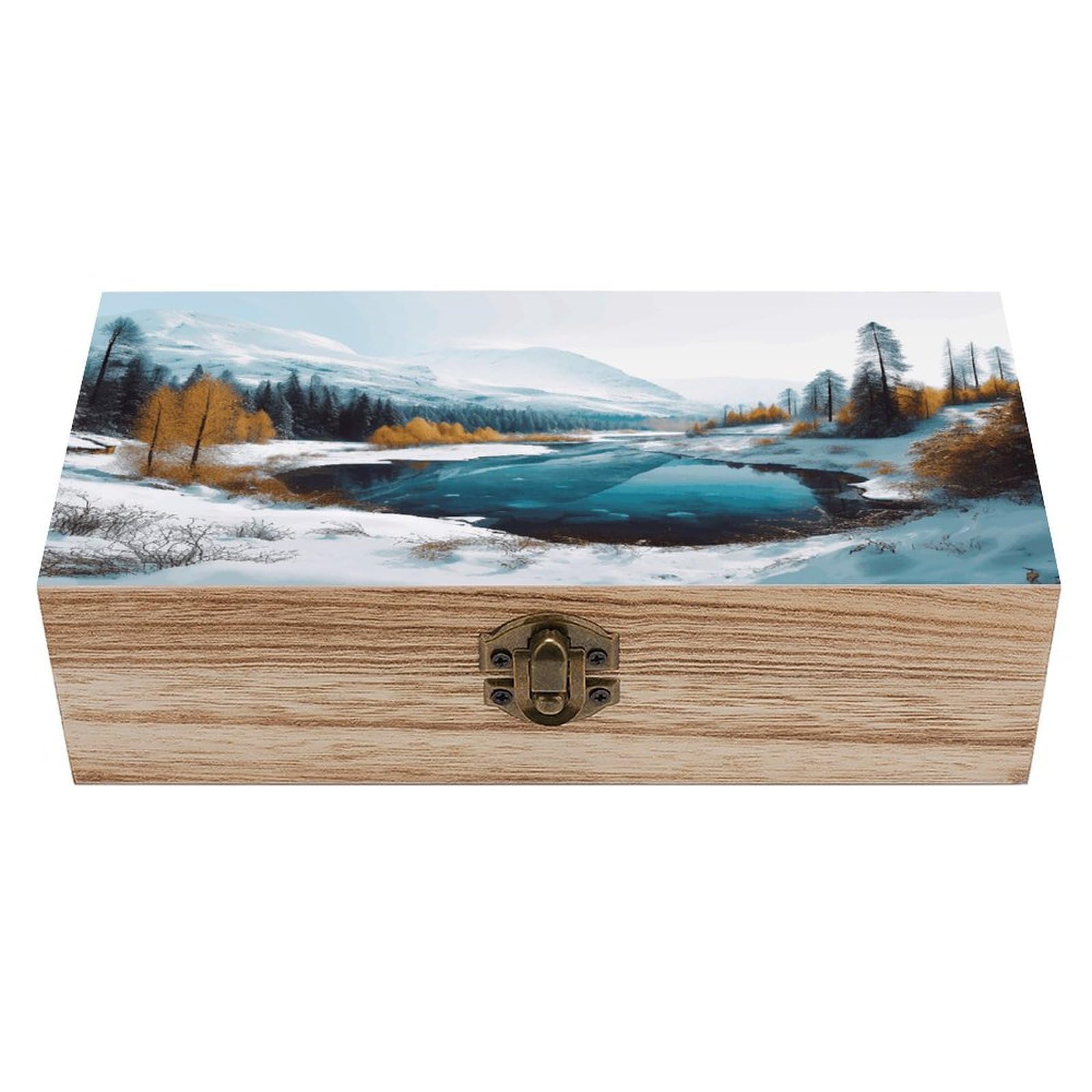 Winter Mountains Snow Scene Wood Keepsake Box Wooden Box with Hinged Lid