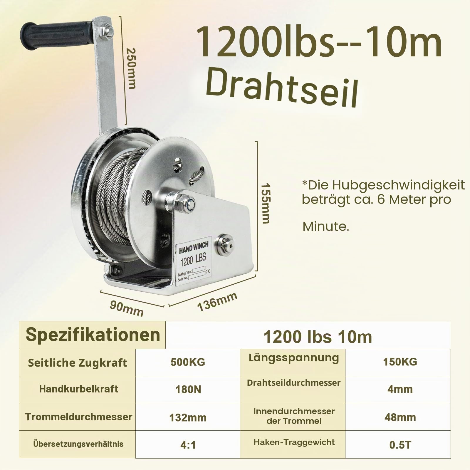 Edelstahl Handseilwinde mit Bremse(1200lbs,10m) | 1200lbs Anhänger Seilwinde Hand Klein mit Drahtseil, Handwinde Seilwinde Manuell für Anhänger Auto, Boot und Forst