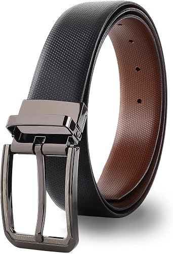 Prospero Comfort Mens Reversible Classic Dress Belt Italian Top Grain Leather Black & Brown Rotating Buckle