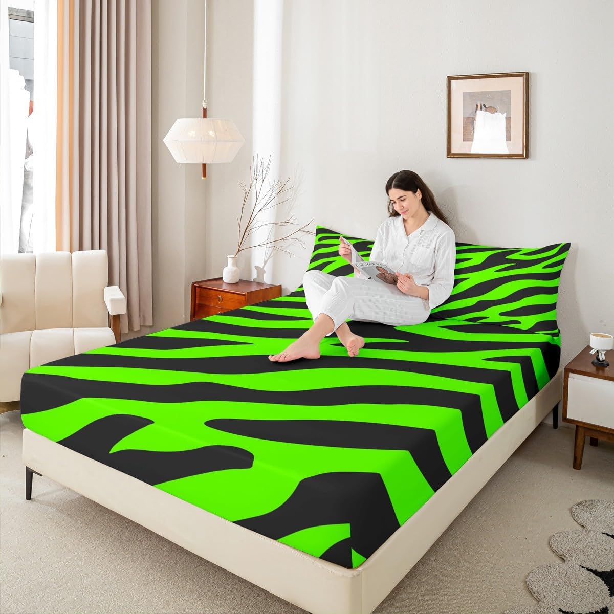 Erosebridal Zebra Print Fitted Sheet Black and Green Bed Sheets Full Size, Wild Animal Theme Sheets Safari Wildlife Fur Bedding, Abstract Stripe Bed Set Microfiber Super Cozy 3pcs (Deep Pocket)
