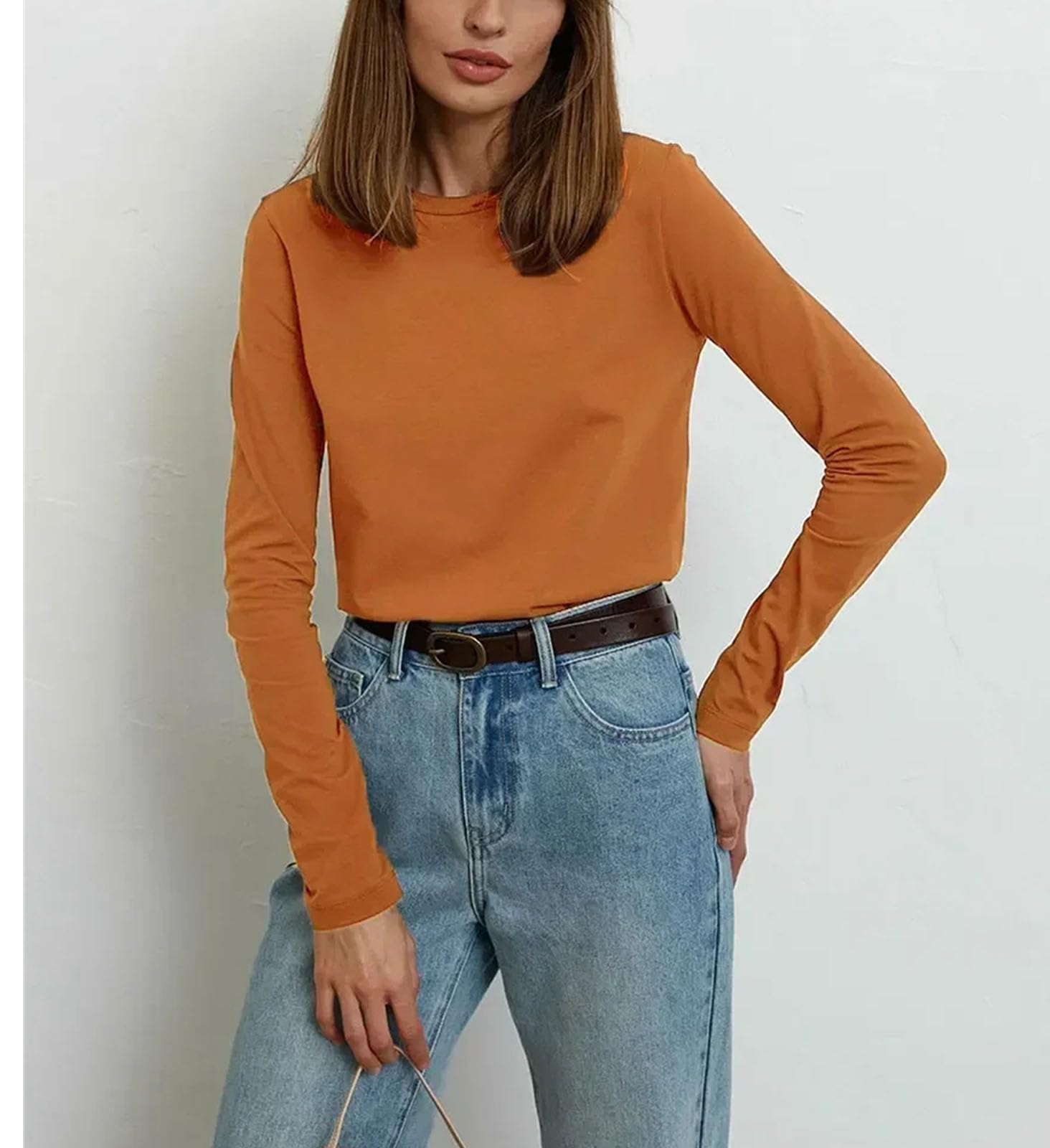 Camiseta de algodón para mujer, básica, color liso, manga larga, holgada, talla L