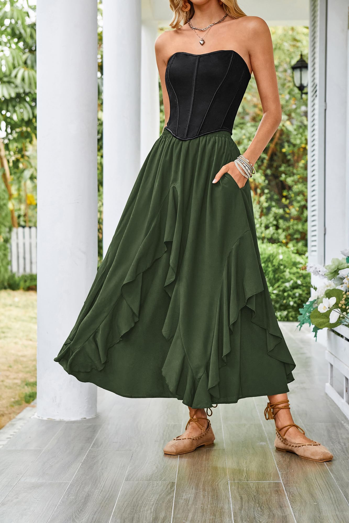 SCARLET DARKNESS Damen Mittelalter Rock Lang Elastische Taille mit Taschen Chiffon Rüschensaum Piraten Rock