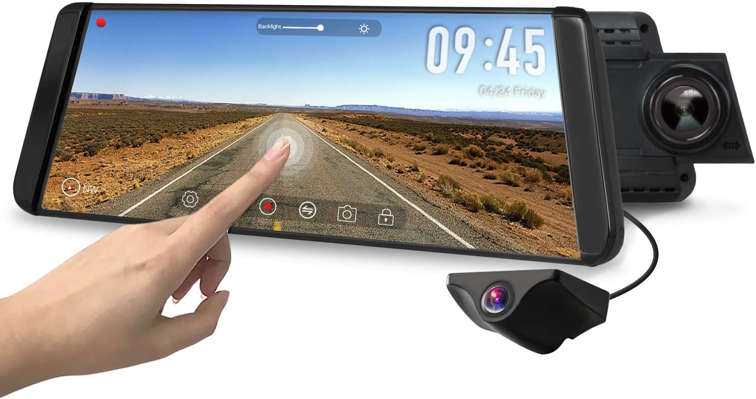 AUTO-VOX X2 Mirror Dash Cam with 9.88" Streaming Media 1296P FHD Touch Screen, 720P AHD Waterproof Backup Camera with G-Sensor, LDWS, WDR,GPS Tracking