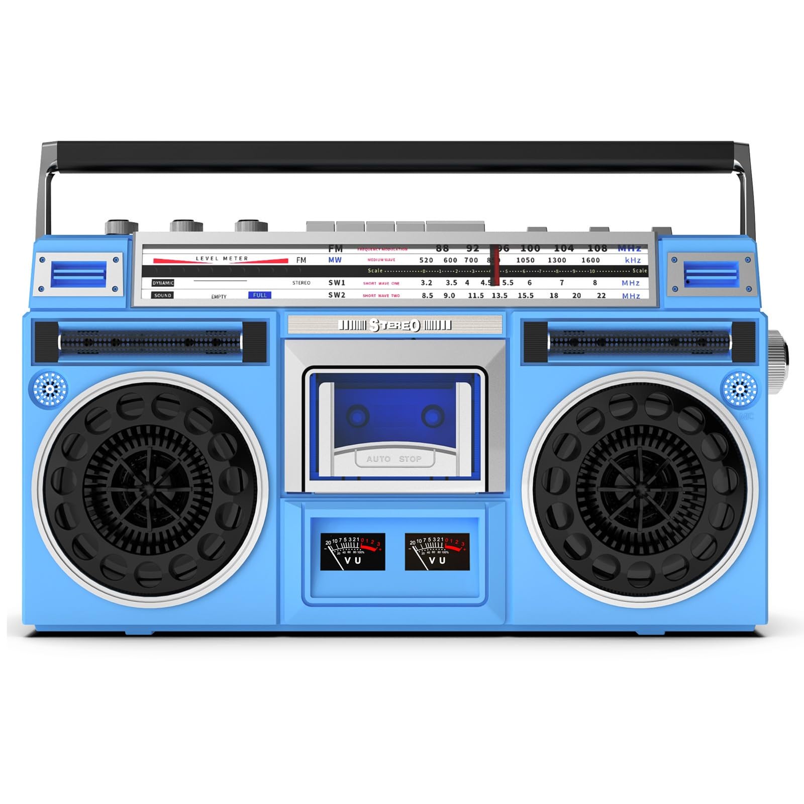 Przenośny Boombox z odtwarzaczem kasetowym i rejestratorem, radiem AM/FM, wejściem SD/USB, wbudowanym głośnikiem, styl retro, klasyczny styl, design z lat 80-tych, do zabawy muzyką i dźwiękiem