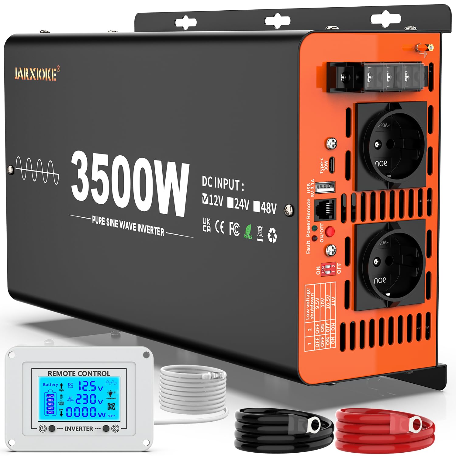 3500W Wechselrichter 12V auf 230V Reiner Sinus Spannungswandler Inverter mit Fernbedienung,Bildschirm LCD,Dual USB Ports,Type-C Port,2 AC-Steckdosen Inverter für Solar Fahrzeuge Auto Wohnmobil