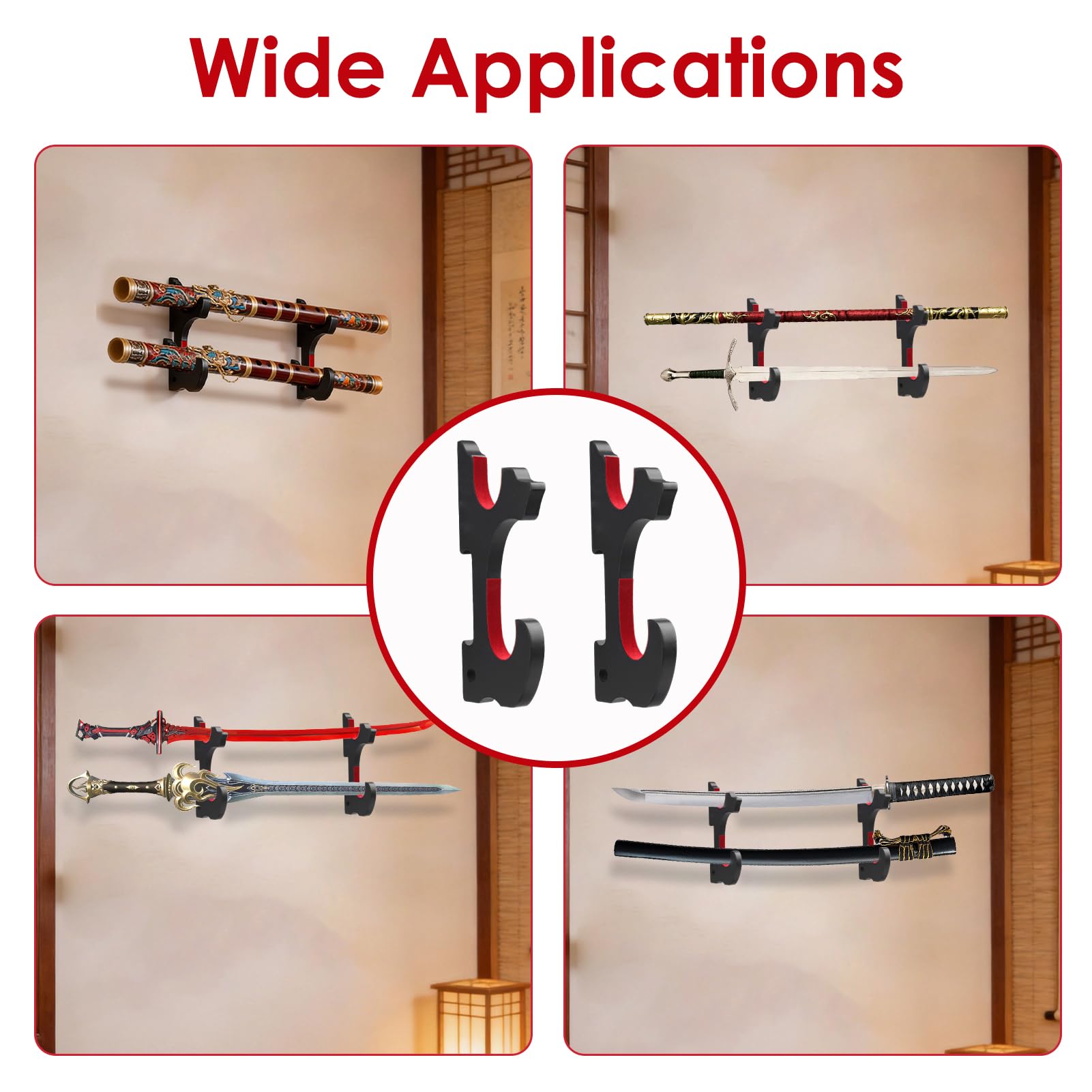 2 soporte katana pared de madera con ganchos acolchados ajustables, Soporte espada pared universal para katana real acero afilada wakizashi, tanto y sable cosplay, soporte de pared para espada samurái