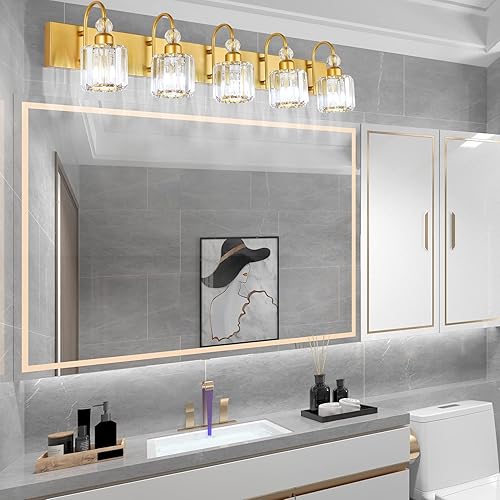 Miniatura 81 de Ralbay - Luces para tocador de baño doradas, 3 luces, de cristal dorado, modernas lámparas para usar sobre el espejo. dorado (Round-Gold),dorado