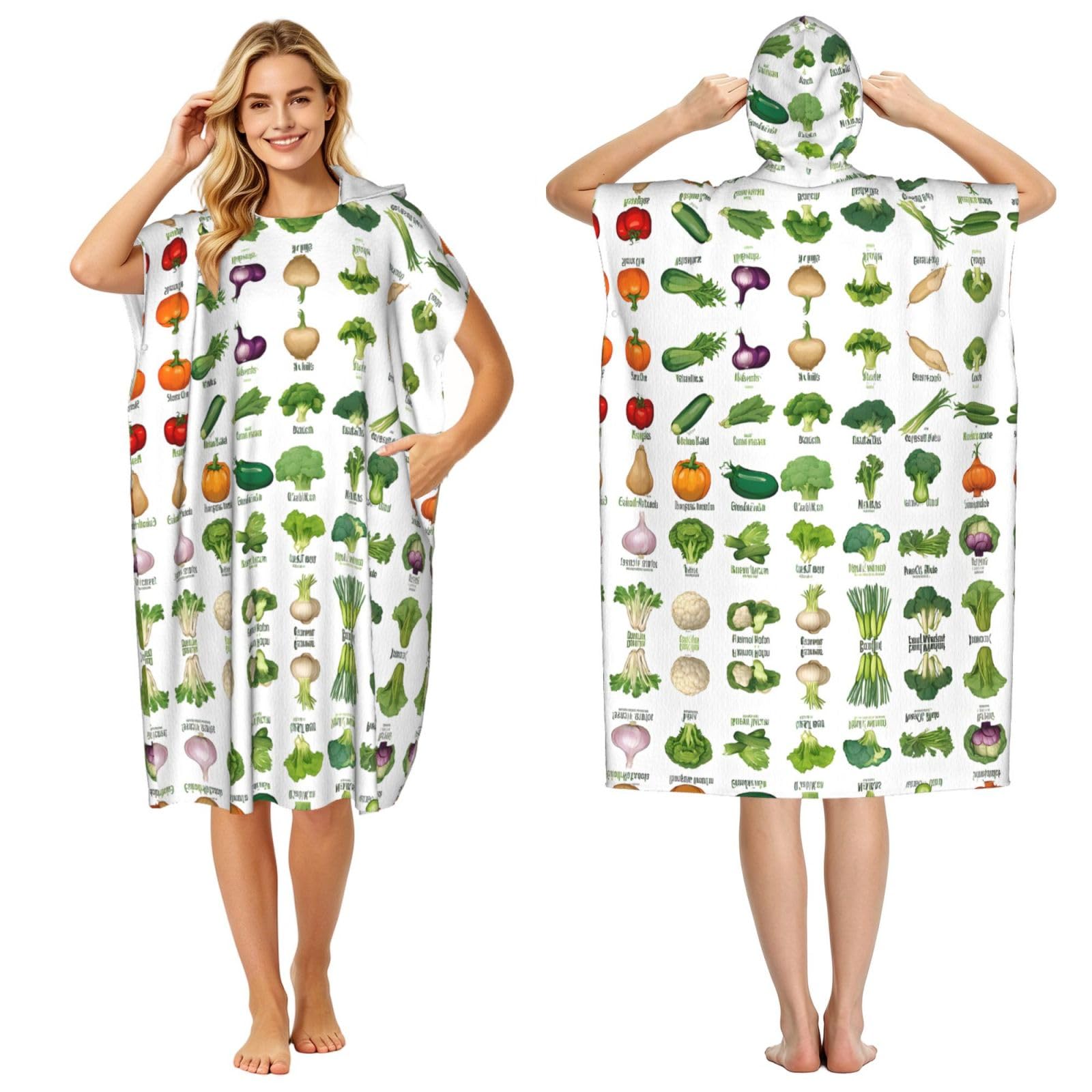 EZDLOWVBA Introduction Of Various Vegetables Print Hooded Poncho Microfiber Beach Towel,Adult Women & Men Changing Robe,Lightweight Summer Surf Swim Bath Poncho Towel