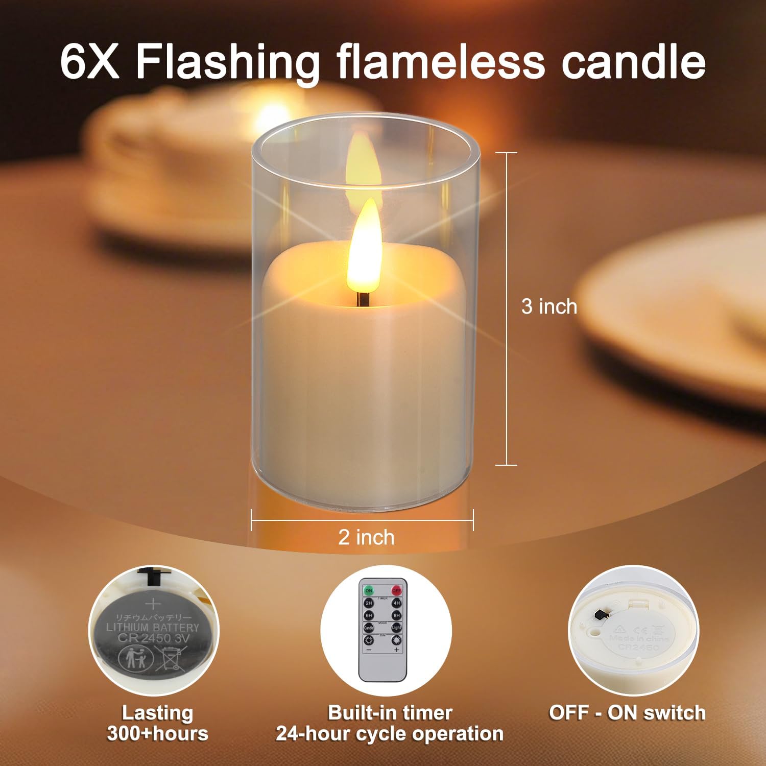 Flickering Flameless Candles, Realistic Glass LED Candles, 2"X3" Battery Operated Candles with Remote, Real Votive Electric Fake Pillar Candles for Festival Wedding Home Party Decor 6-Pack - Image 3