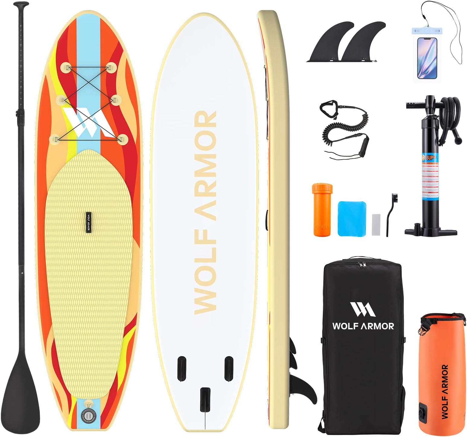 WOLF ARMOR Inflatable Stand Up Paddle Board with SUP Accessories&Adjustable Paddle, Removable Fin, Safety Leash, Hand Pump, Backpack, Waterproof Bag, Antislip Deck, Standing Boat for Youth and Adult