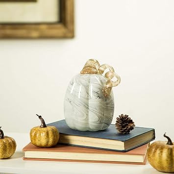 Glitzhome 5.95 H Gray Marble Handblown Glass Pumpkin Table Accent for Fall & Harvest Thanksgiving Decorating