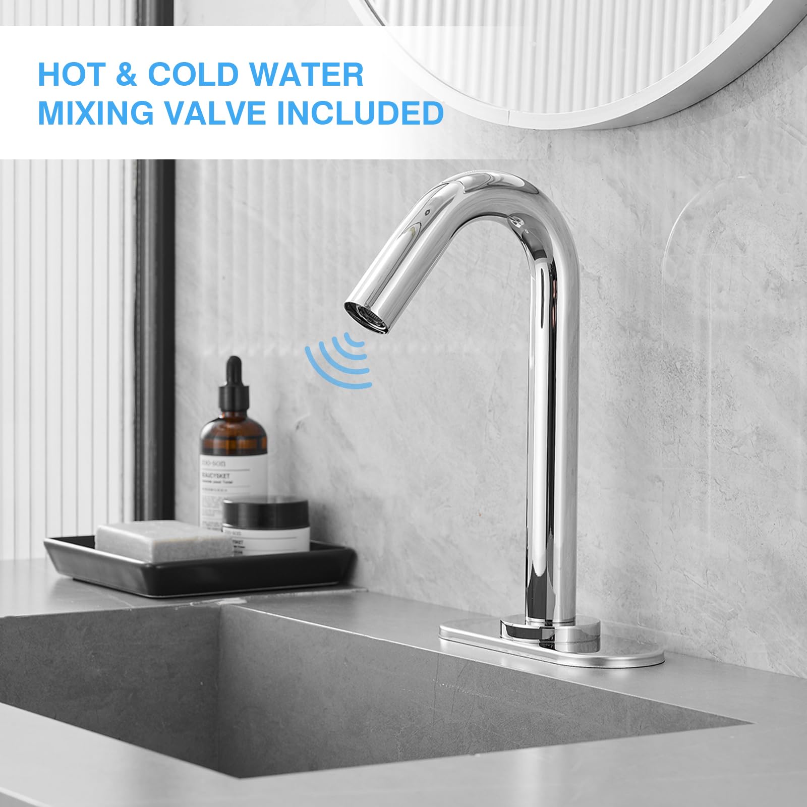 Rubinetto per lavabo da bagno senza contatto, rubinetto automatico cromato con sensore di movimento, rubinetto elettrico intelligente per lavabo commerciale, con piastra di copertura del foro e sca