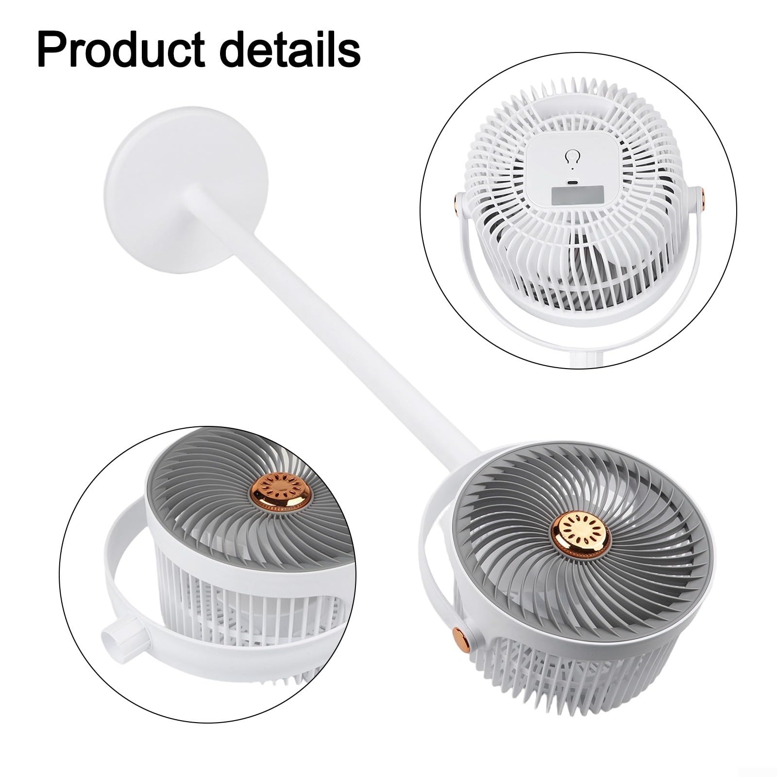 Ventilatore portatile a piedistallo ricaricabile, silenzioso ventilatore oscillante a 360°, con 5 velocità, per camera da letto, casa, ufficio e viaggi (bianco grigio)