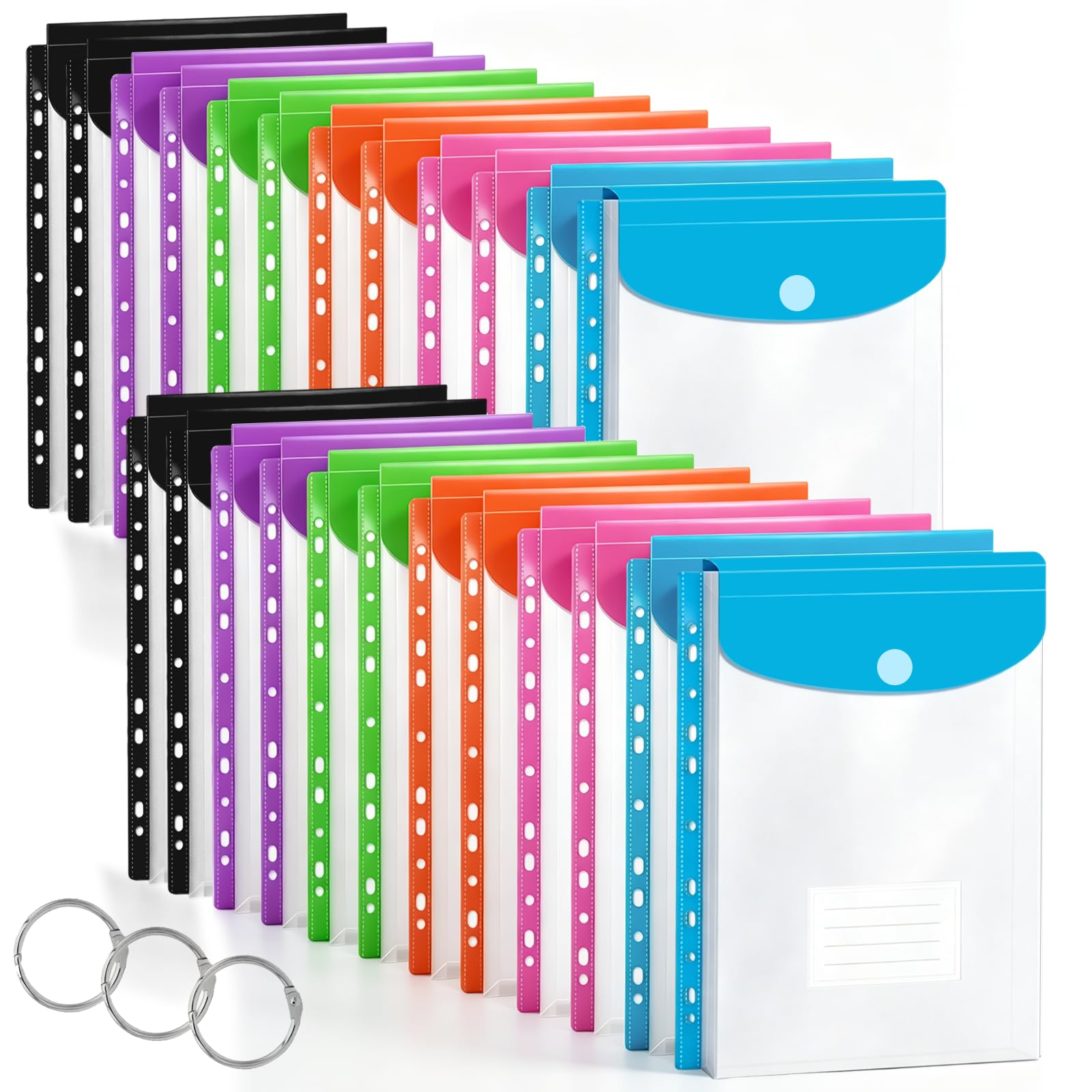 24 Pack Binder Folders with Pockets 11 Holes Expandable Dividers for 2/3/4 Ring Document Pouch with Label Loose-Leaf Transparent Binder Organizer for School Home Office