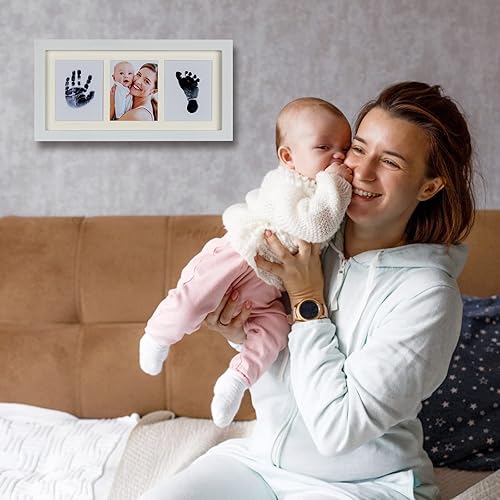 Miniatura 2 de Kit de huellas y huellas para bebés (almohadilla de tinta segura y limpia al tacto para impresiones), marco de fotos en elegante madera natural