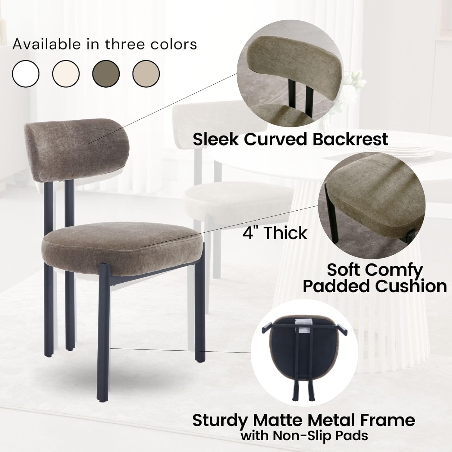 LukeAlon Chenille Dining Chairs Set of 2, Modern Upholstered Armless Kitchen Chairs with Black Metal Legs Curved Back Dining Room Chairs Reception Chair for Living Room Office, Green
