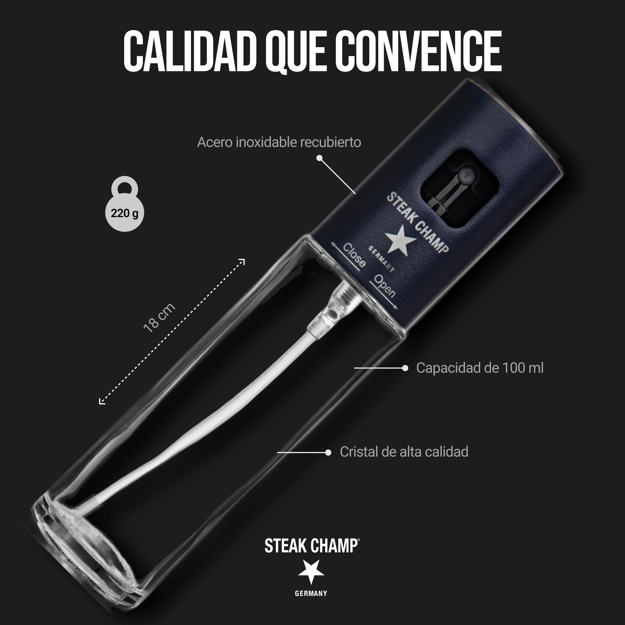 Steakchamp Botella pulverizadora de aceite, filtro antiobstrucción para aceites de temporada, dosificación precisa, vidrio claro, botella pulverizadora de aceite