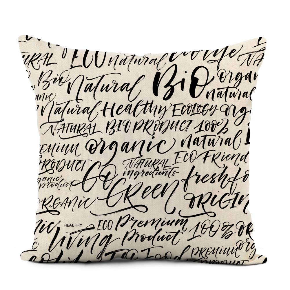 Linen Throw Pillow Cover Eco Pattern of Phrases Ecolife Organic Food Vegetarian Fresh Home Decor Pillowcase 20x20 Inch Cushion Cover for Sofa Couch Bed and Car