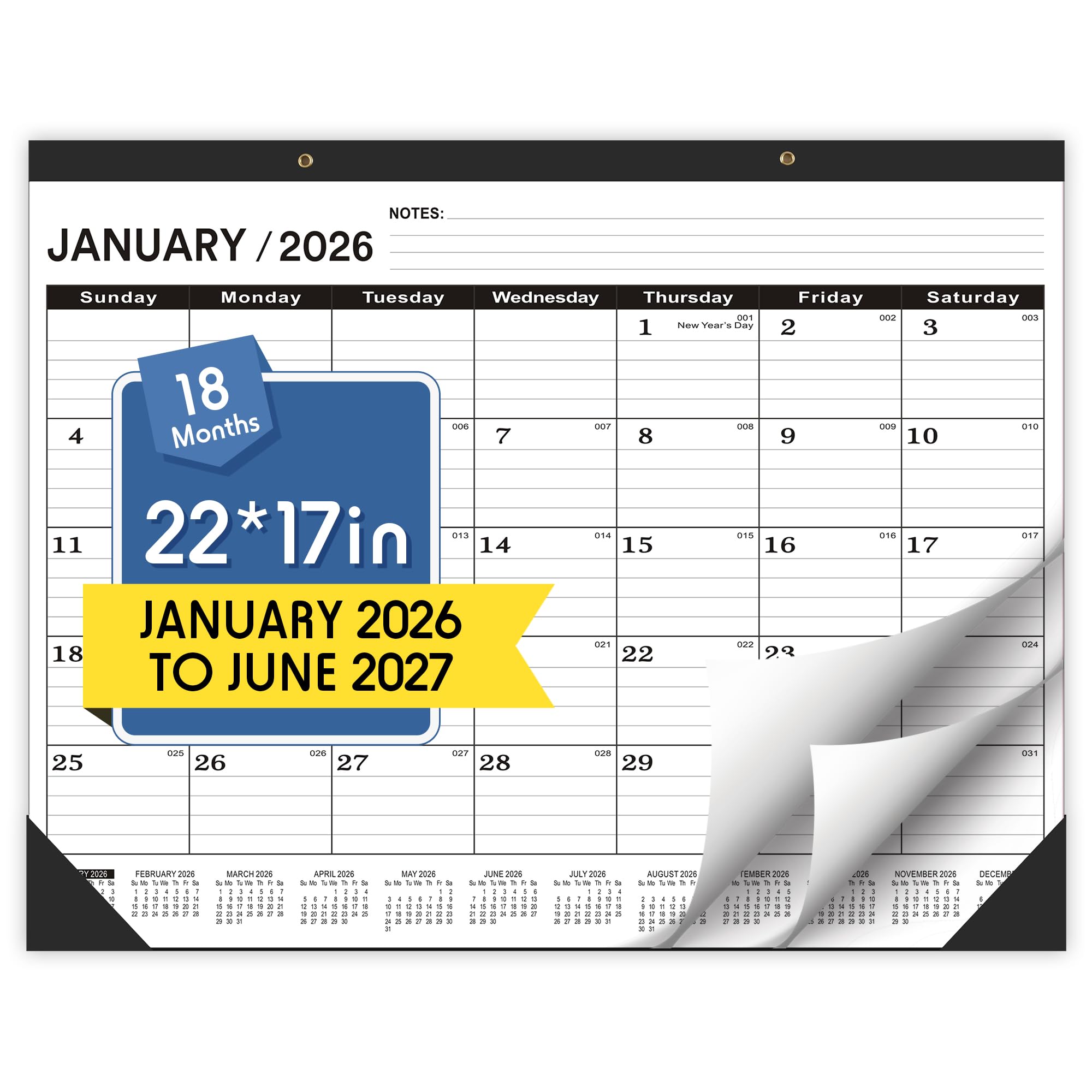 Wabhas Calendario da scrivania 2024, grande, 55 x 43 cm, da gennaio 2024 a giugno 2025, calendario 2024, 18 mensili, grande calendario da parete 2024-2025, con fori rotondi e lista note (nero)
