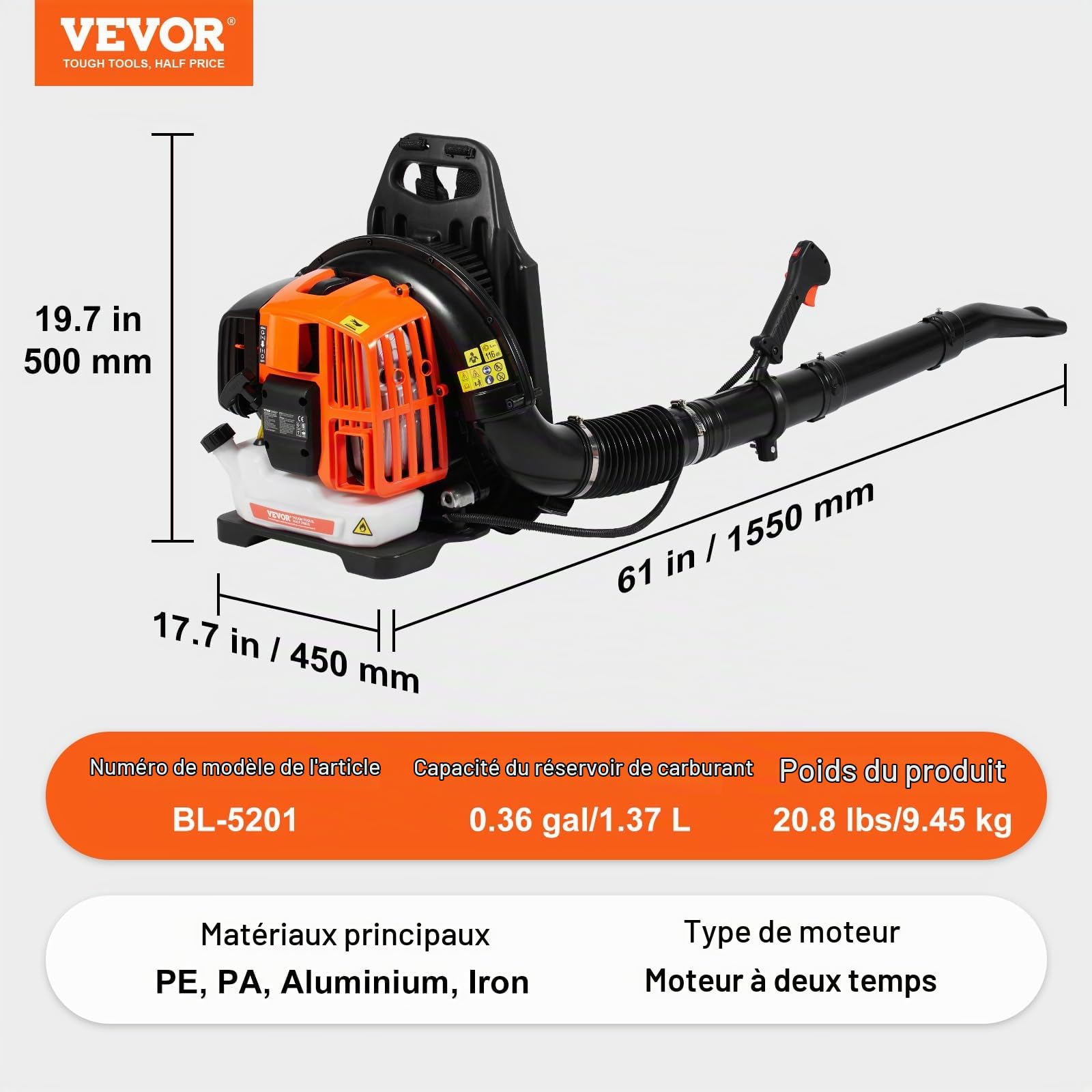 VEVOR Souffleur de Feuilles à Essence, 52 CC, souffleur de Neige à Dos 2 Temps, avec réservoir de Carburant 1,37 L, Volume d'air 480 CFM pour Entretien de pelouse, Nettoyage de Feuilles, déneigement