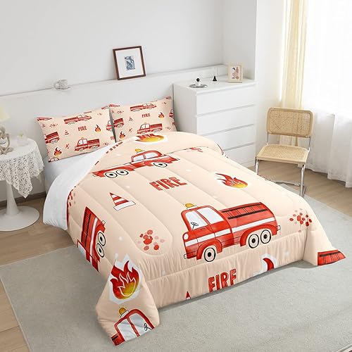 Miniatura 4 de Feelyou Juego de edredón de dibujos animados para niños, camión de bomberos para niños, juego de ropa de cama transpirable de bomberos, automóvil,