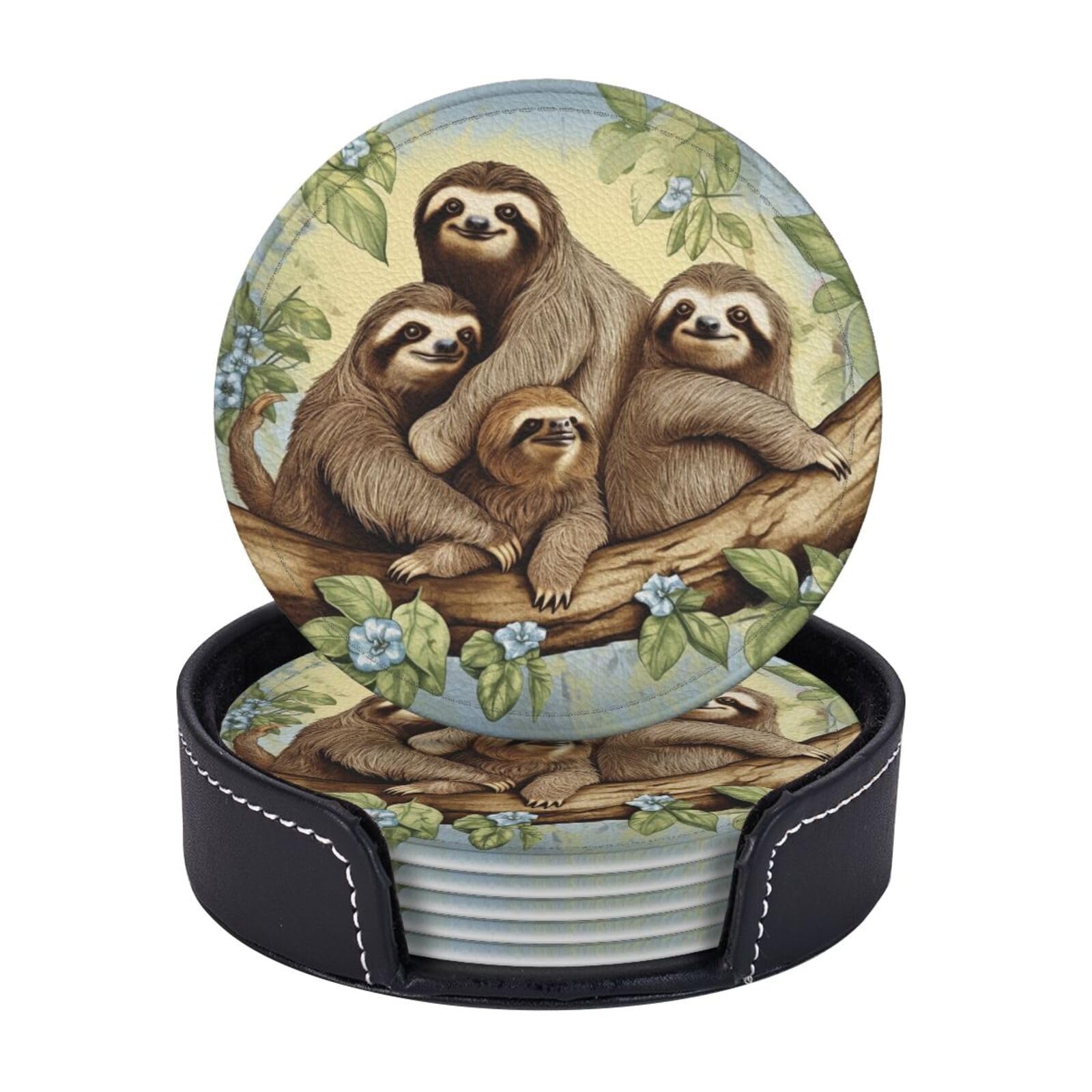 Round Coasters for Drinks Set of 6 - PU Leather Coasters with Holder - Modern Drink Coasters for Coffee Table - Sloth Family Coaster for Tabletop Protection 4" Cup Mat Pad