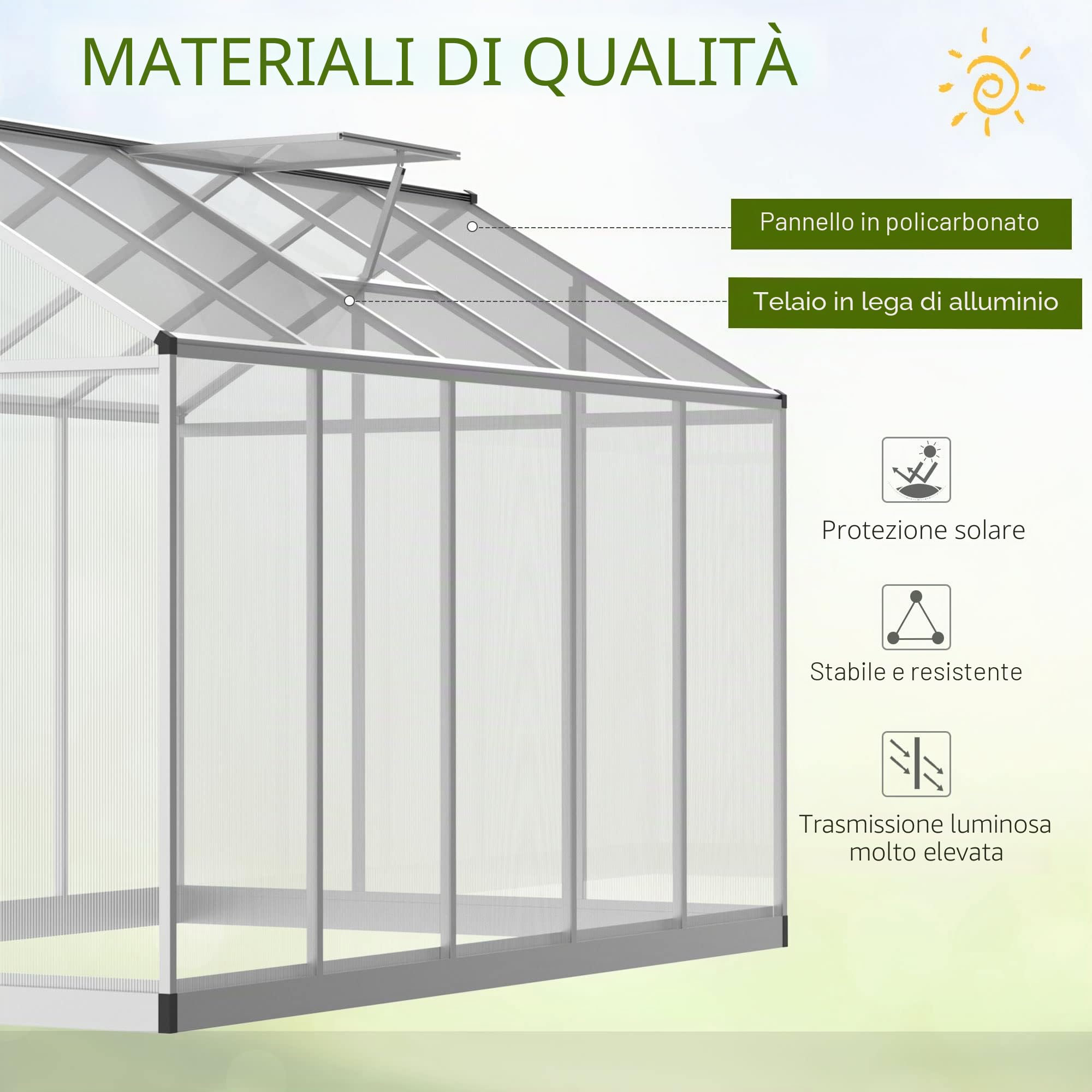 Outsunny Serra da giardino 3 x 2 m Alluminio Policarbonato 5,5 m² Fondazione Lucarne Porta fermo