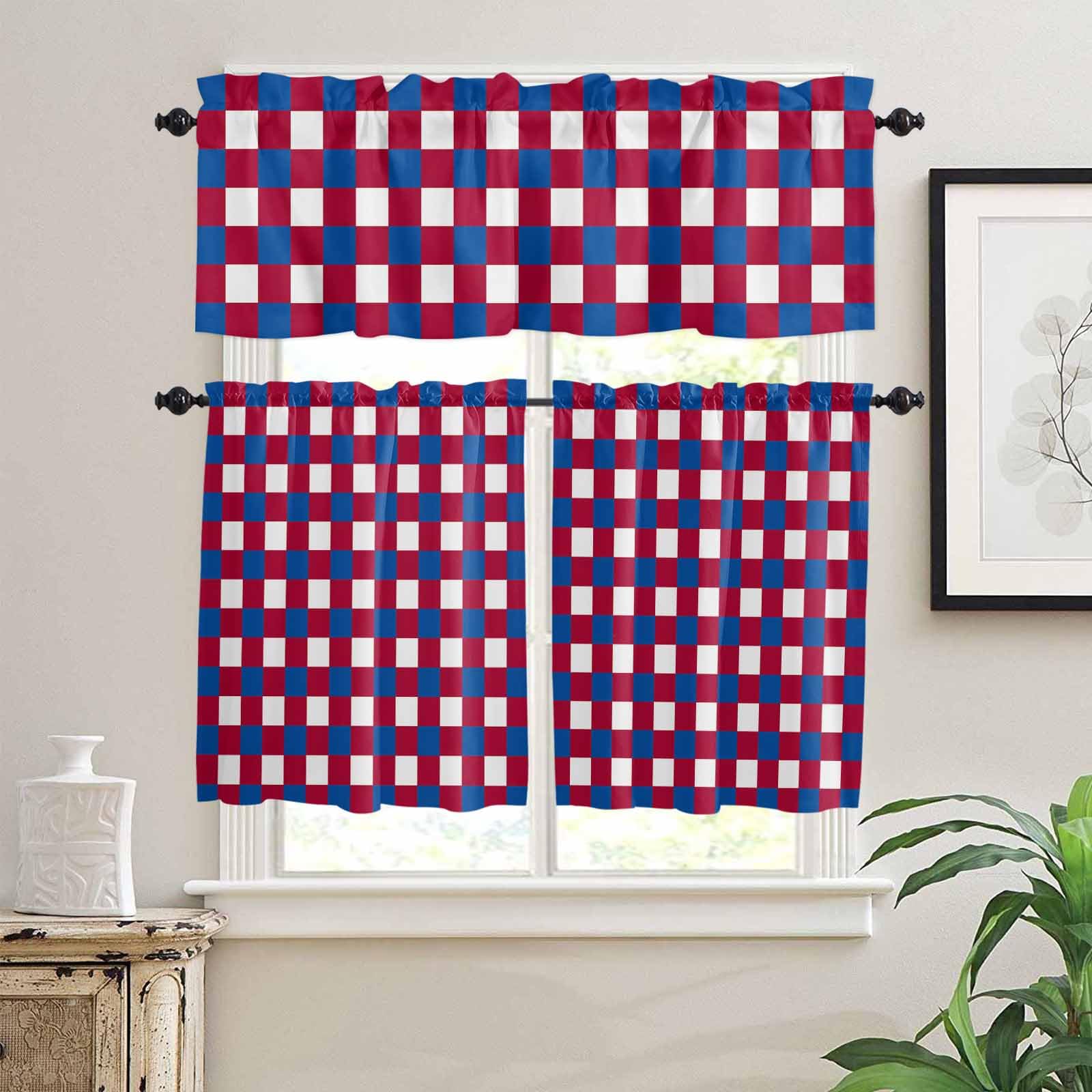 4th of July Kitchen Curtains 24 Inch Length,3 Piece Rod Pocket Small Half Tiers and Valance Set,Independence Day Red Blue White Plaid Checkered Small Large Window Treatment Decor for Bedroom/Bathroom