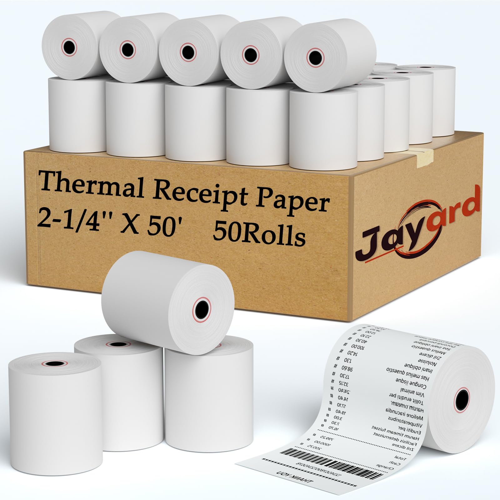 Jayard Rollos de papel térmico de 2-1/4 pulgadas x 50 pies para tarjeta de crédito, cinta de alta calidad para caja registradora, papel de impresora POS (50 rollos), color blanco
