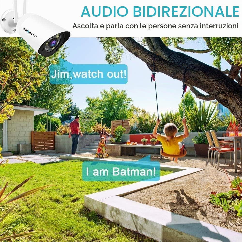 GENBOLT Telecamera Wi-Fi Esterno 2.4/5GHz Videocamera Sorveglianza | 110° ultra grandangolare, PoE, Registrazione 24/7, Visione Notturna a Colori, 4X Zoom Digitale, Rilevamento Umano
