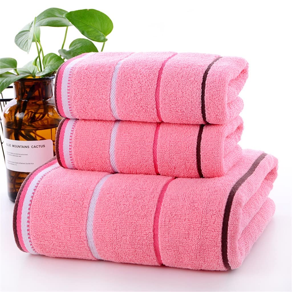 Cotton Three-Segment Striped Towel Bath Towel Set Absorbent Towel Bag Cotton Bathroom Accessories Color White Size Pink As