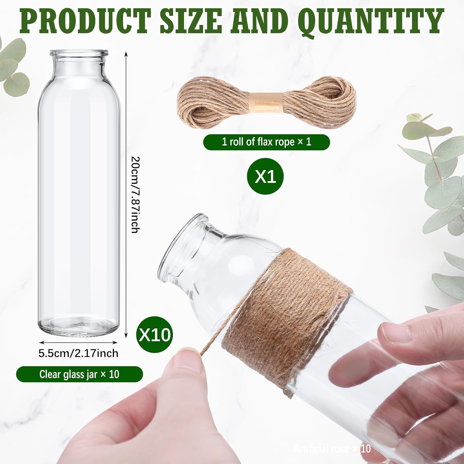 Qinyoung 10 Set Clear Glass Vase with Flowers Centerpieces 10 Clear Glass Jars 40 Artificial Plant with Rope Table Centerpieces for Wedding Rustic Baby Shower Party Farmhouse Home Decoration - Image 2