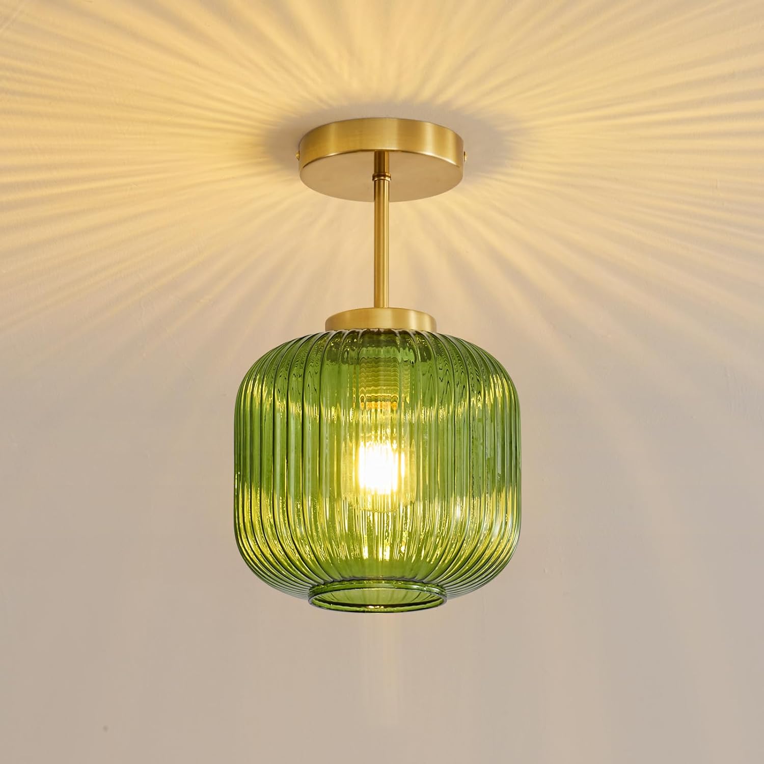 Green Ribbed Glass Ceiling Light: 7.9" Vintage Semi Flush Mount Ceiling Lights - Mid Century Modern Brass Light Fixture - Minimalist Drum Decorative Lighting Fixtures for Bedroom Living Room Entryway