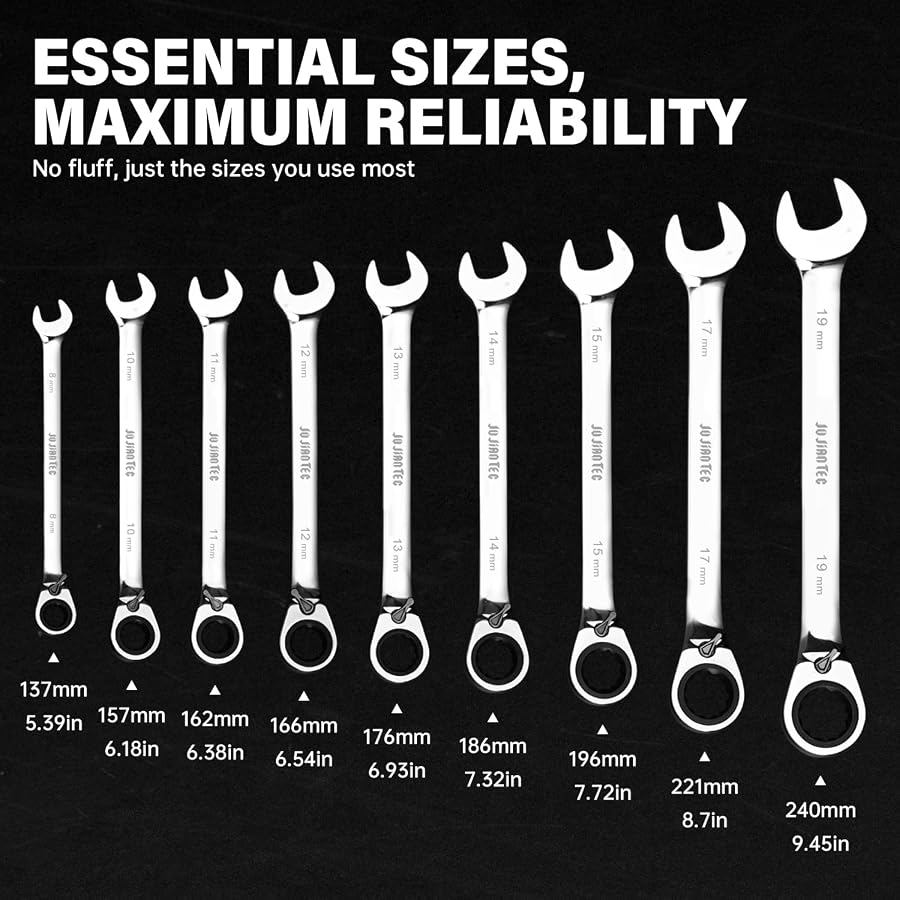 JUJIAN TEC 9-Piece Metric Ratcheting Combination Wrench Set | 72-Tooth Reversible Ratchet, Cr-V Steel, 8-19mm, Roll-Up Pouch, image 4