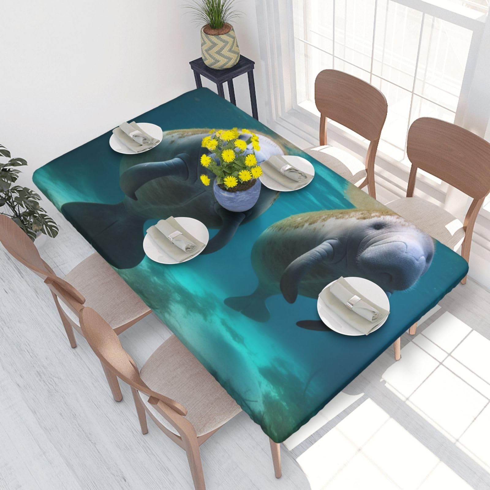 DCARSETCV West Indian Manatees Printed 4FT Waterproof Tablecloth with Elastic Edged Protect & Decor Your Table, Oil-proof Washable Table Cloth Cover for Dinner Picnic Party