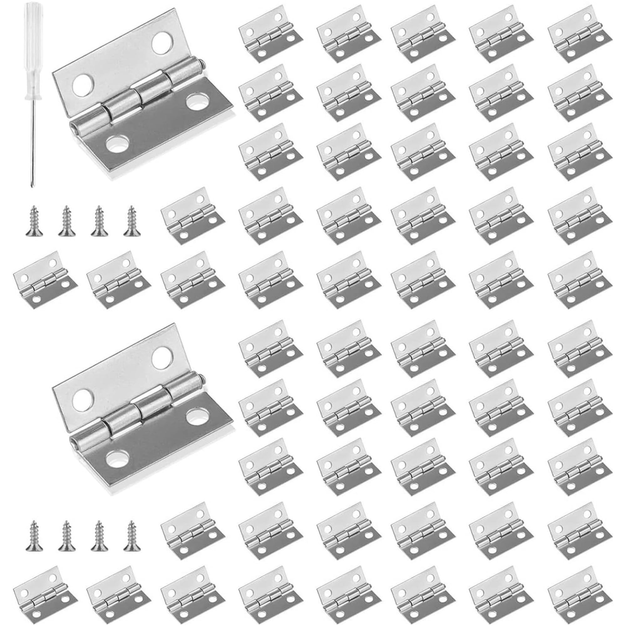 Roosea 60 Pcs Antique Mini Hinges 15 * 18 mm Small Hinges for Dolls House with 240 Pcs Screws and Screwdriver Dolls House Hinge for DIY Crafts Wooden Box Toys Cabinet Drawer (Silver)