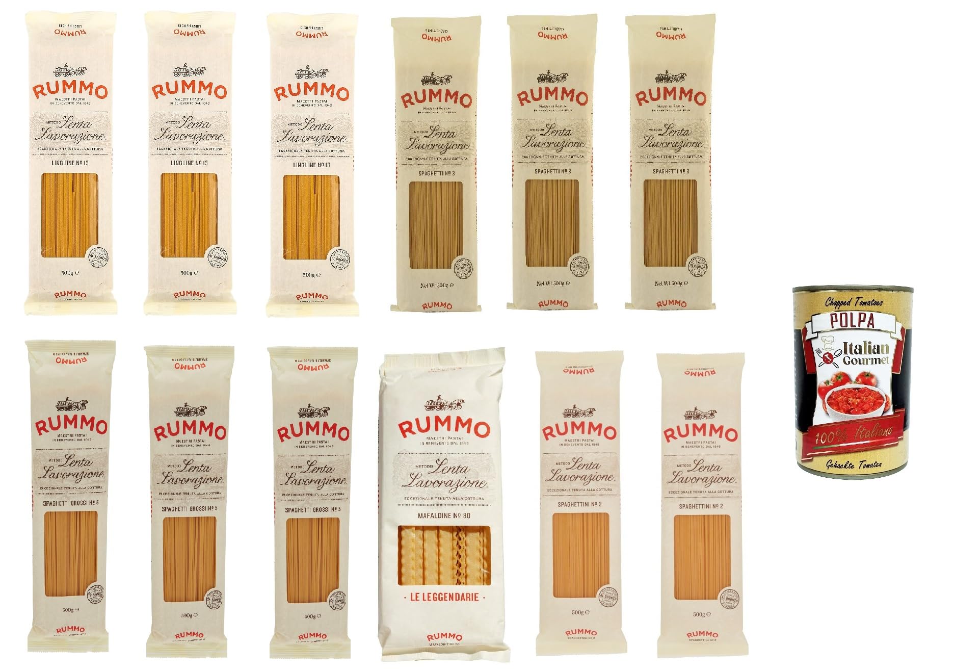 Italian Gourmet Bundle Pasta Mix 12x 500g + Italian Gourmet Polpa Gratis – Italienische Pasta Lenta Lavorazione, Spaghetti, Linguine, Spaghettoni, Mafaldine & Vorrat 6kg