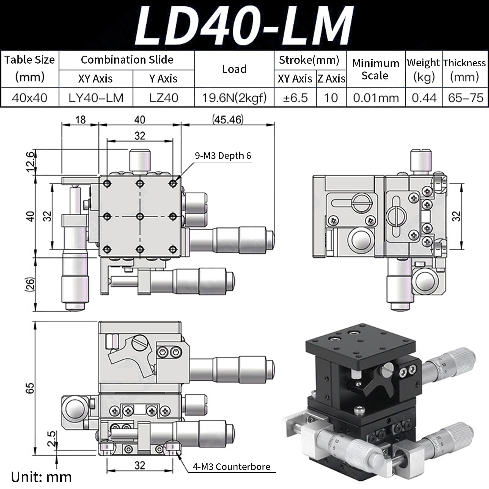 XYZ 3 Axis Manual Precision Linear Stage, 40 x 40 mm Trimming Bearing Tuning Platform Sliding Table LD40-LM Roller Guide Micrometer Accuracy