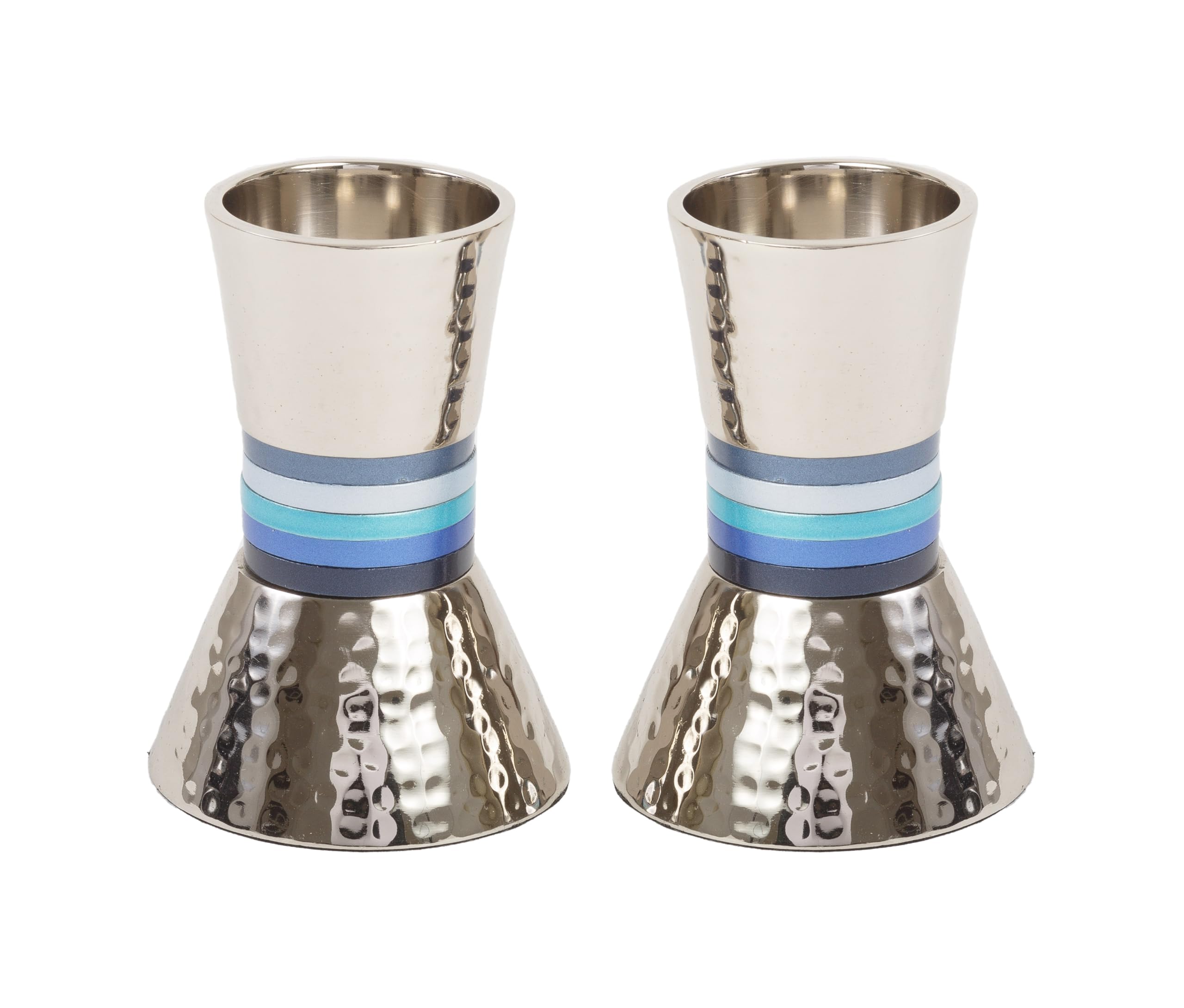 Yair Emanuel Pair of Shabbat Candlesticks | Hammered Metal Designed with Shades of Blue Rings | CA-2