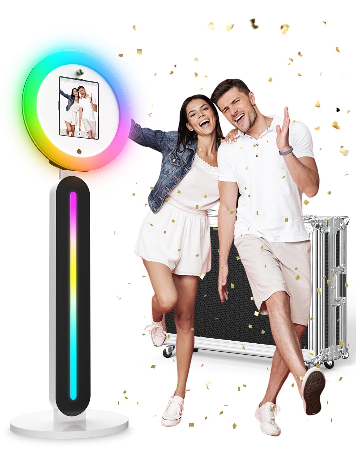 NESON Photo Booth Machine, Selfie Photobooth w/RGB Light & Remote Photo Booth Stand Machine Compatible w/I-Pad 10.2in, 10.9in, 12.9in Portable & Sturdy Design with Flight Case