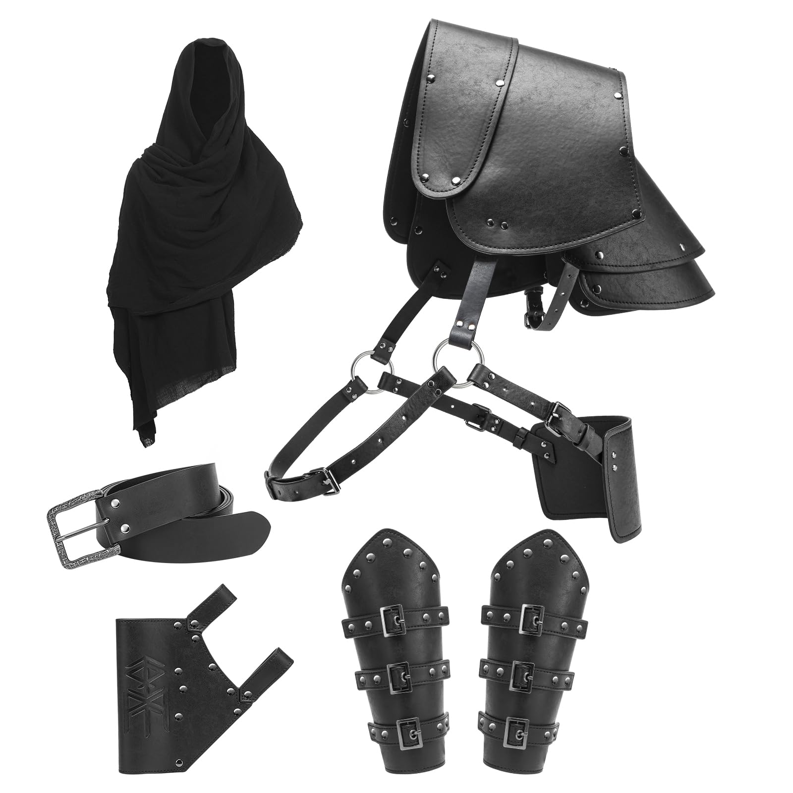 Berenlu Mens Renaissance Costume Set Medieval Belt Shoulder Armor Faux Leather Bracers Shawl Viking LARP Cosplay Accessories